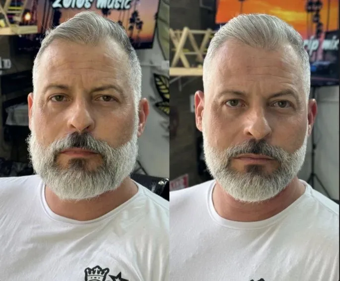 Antes e depois de uma barba grisalha: à esquerda mais longa, à direita aparada e desenhada