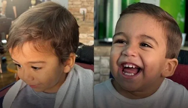 Antes e depois de um Corte Baby: cabelo comprido e bagunçado à esquerda, curto e arrumado à direita